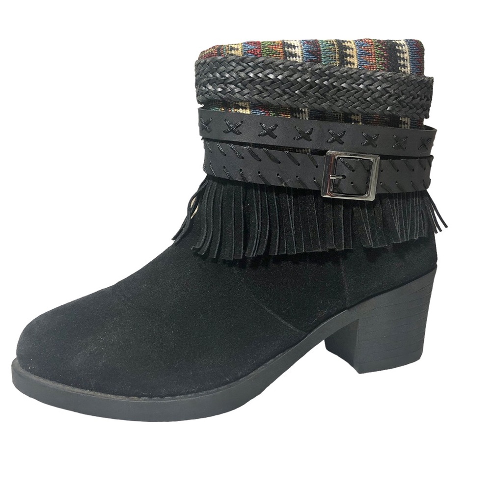 RUE21 Etc! Black Western Boho Booties Braided Buckle Fringe Detail Sz M 7/8